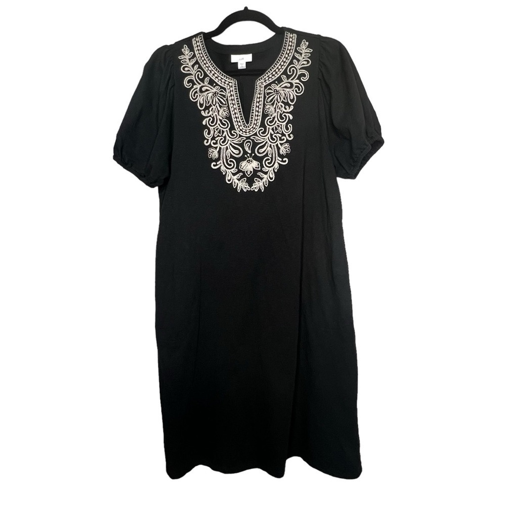 J Jill Womens Size Small Petites Black T-Shirt Dress White Embroidery Pockets